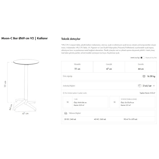 Moon-C Bar Masa Ø69 V2 Katlanır