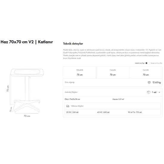 Haz Masa 70x70 V2 Katlanır
