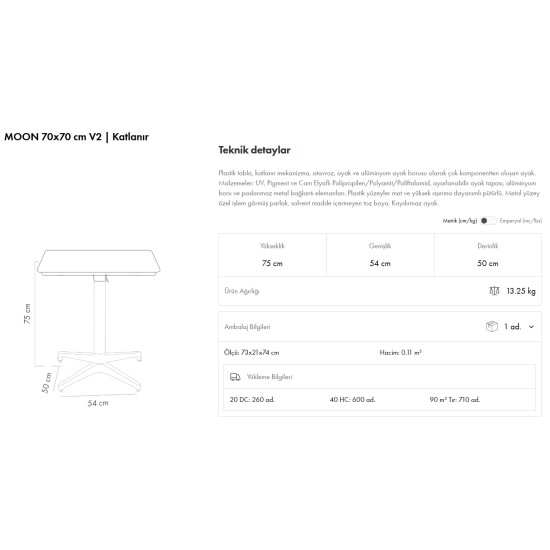 Moon Masa 70x70 V2 Katlanır