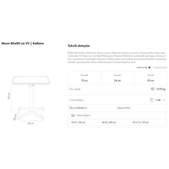 Moon Masa 80x80 V2 Katlanır