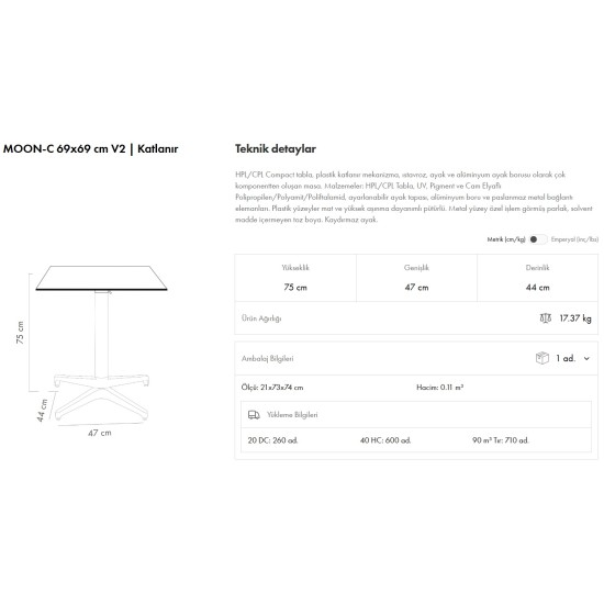 Moon-C Masa 69x69 V2 Katlanır