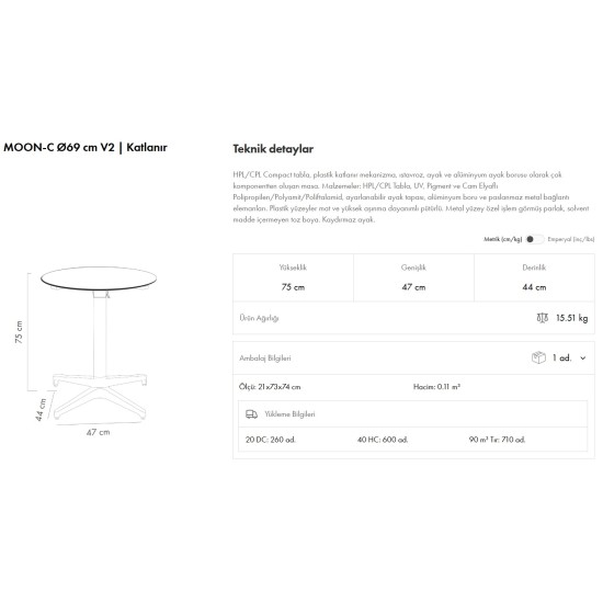 Moon-C Masa Ø69 V2 Katlanır