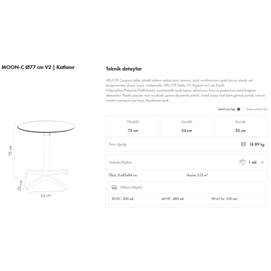 Moon-C Masa Ø77 V2 Katlanır