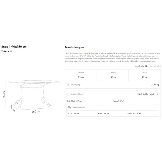 Snap Masa 90x150 Tekerlekli
