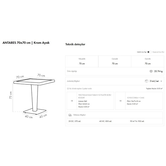 Antares Masa 70×70 | Camlı